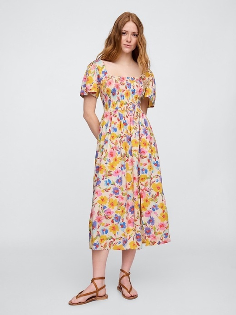 Gap Floral Print Puff Sleeve Smocked Midi Dress